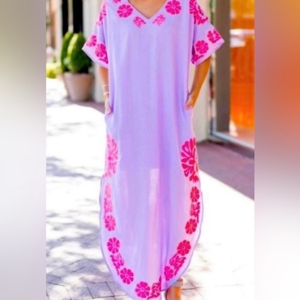 J. Marie Luna Lilac Embroidered Maxi/Kaftan Dress Coverup Sz XS Resortwear Chic
